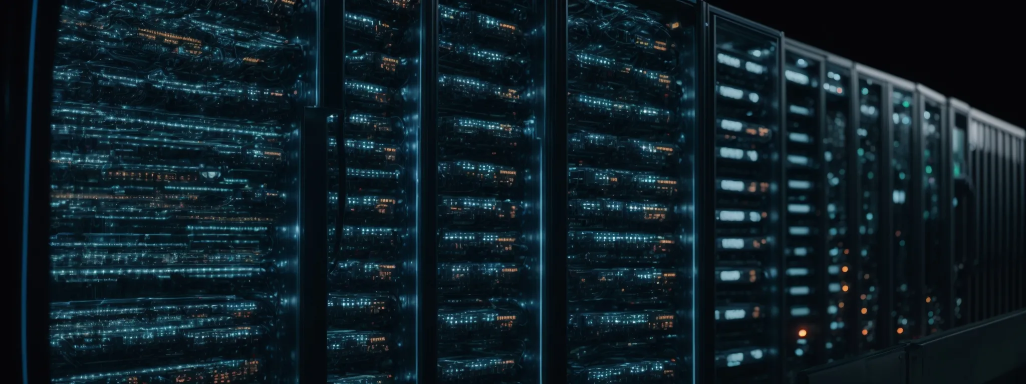 a bank of servers with blinking lights reflecting the data processing of machine learning algorithms.