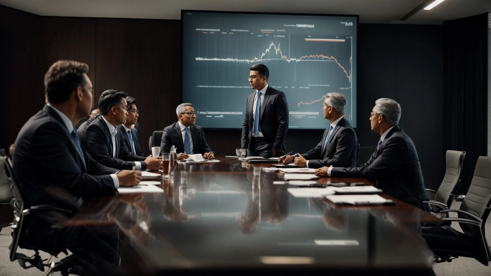 executives discuss around a conference table with growth charts on a presentation screen in the background.