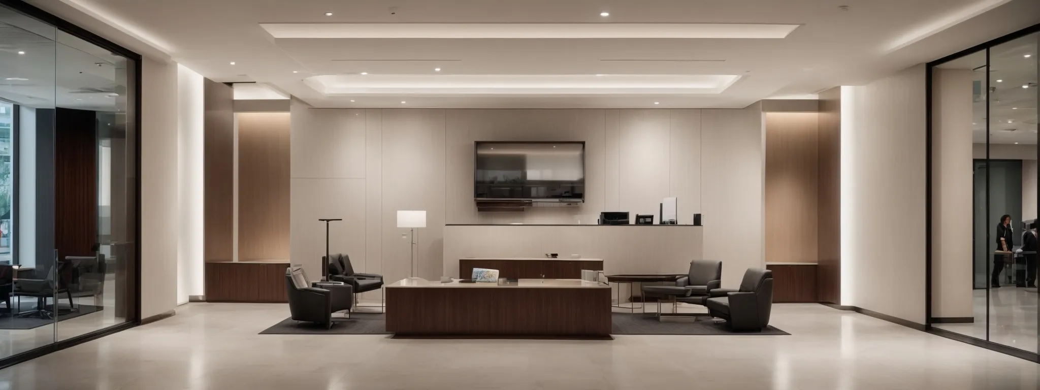 a sleek, modern law office lobby with a clean and minimalist design, emphasizing a professional and technologically advanced atmosphere.