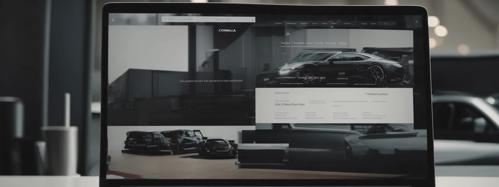 a computer screen displaying a dynamic, user-friendly car dealership website with a search engine results page in the background.