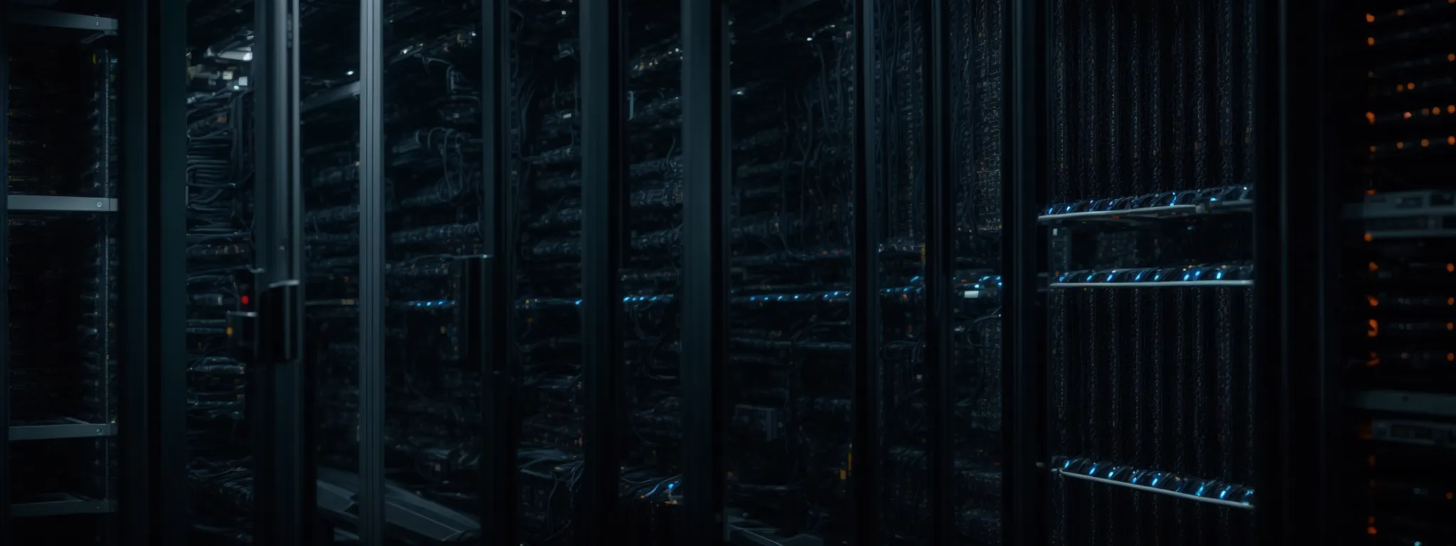 rows of server racks in a dimly lit data center with cables running between them.