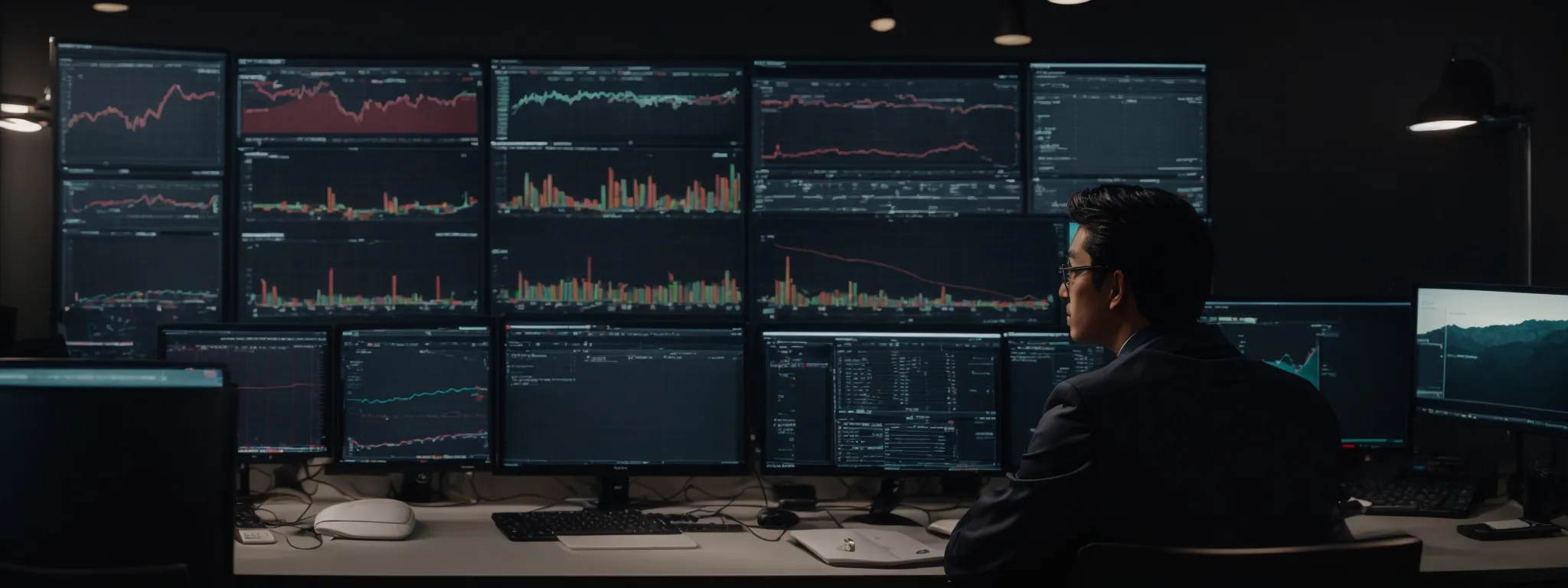 a marketer sits before a row of monitors displaying various graphs and analytics dashboards.