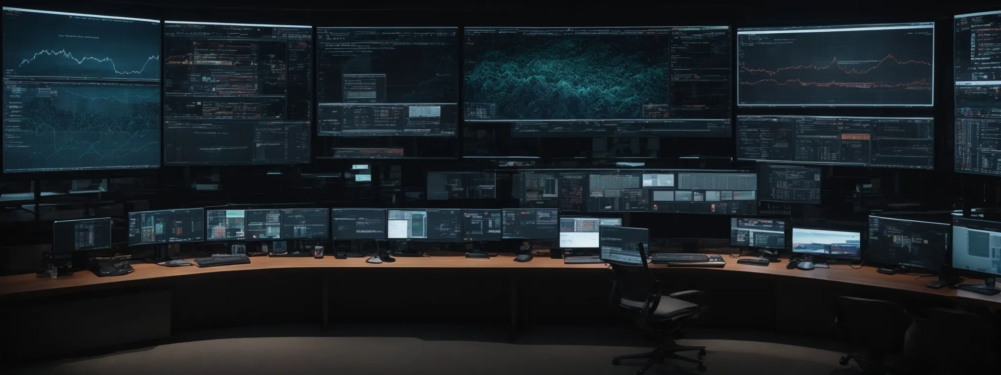 a modern, sleek command center with expansive screens displaying web development and analytics tools.