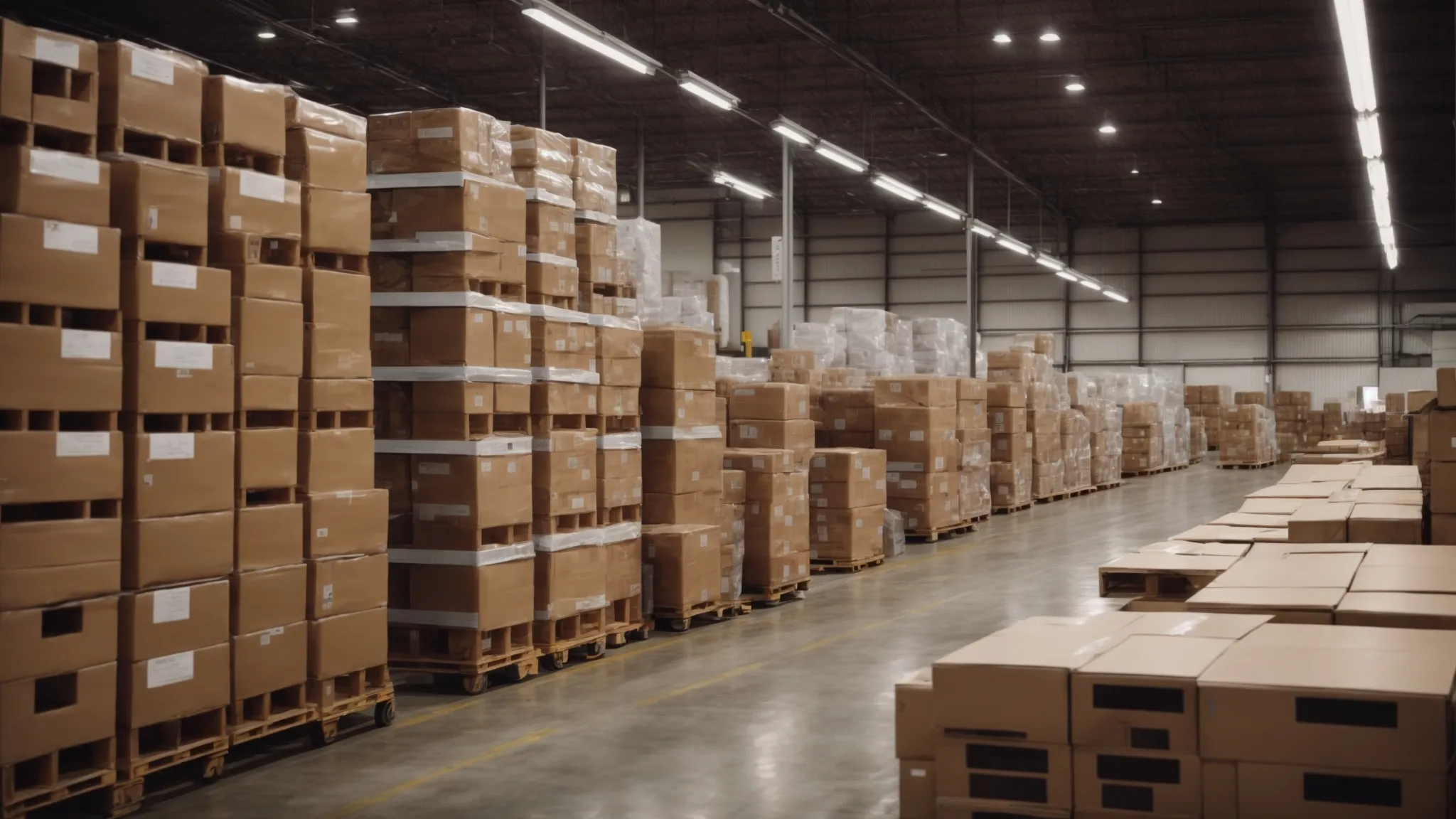 a warehouse filled with large boxes and palettes, overseen by workers with clipboards.