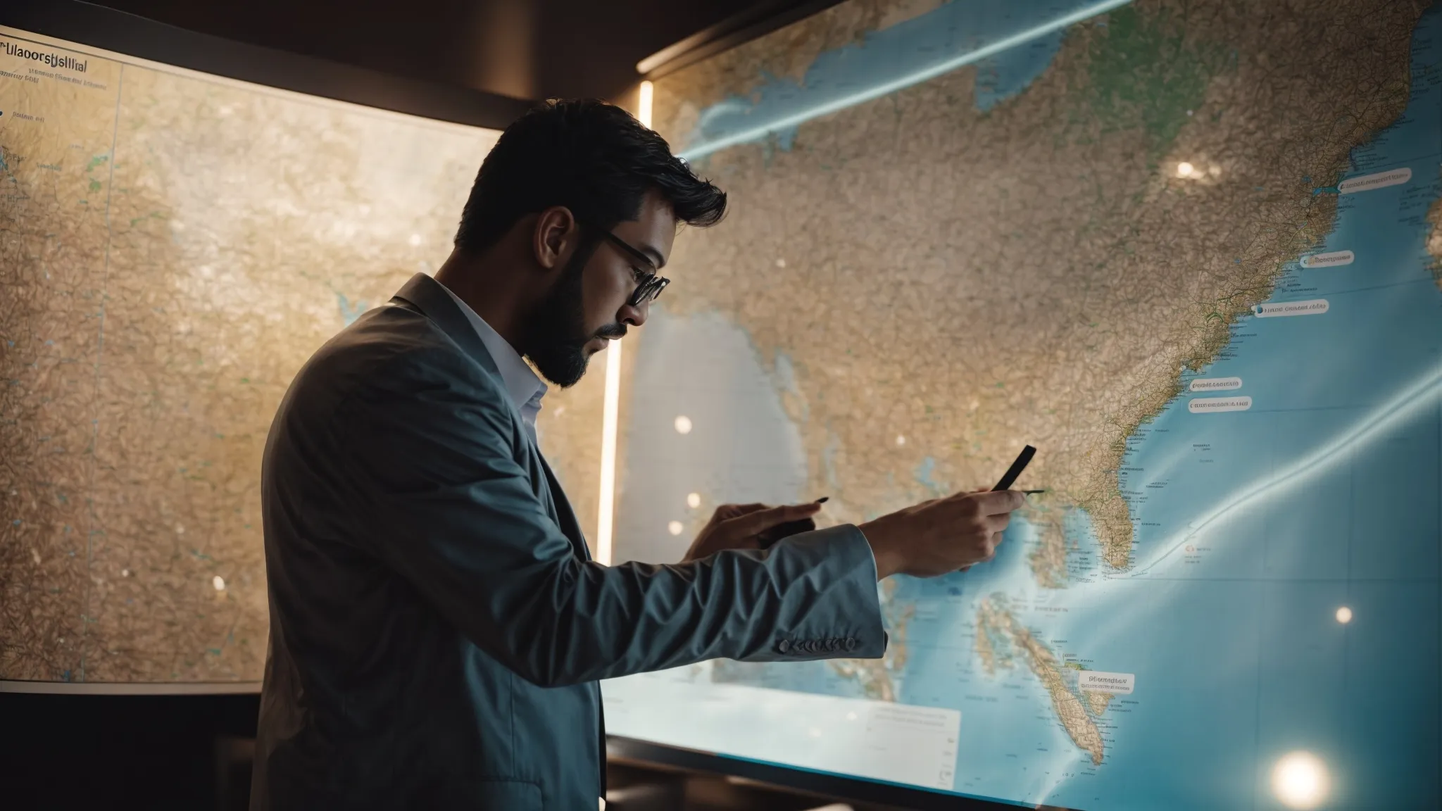 an entrepreneur reviews a glowing map with various business locations highlighted, symbolizing strategic local seo positioning.