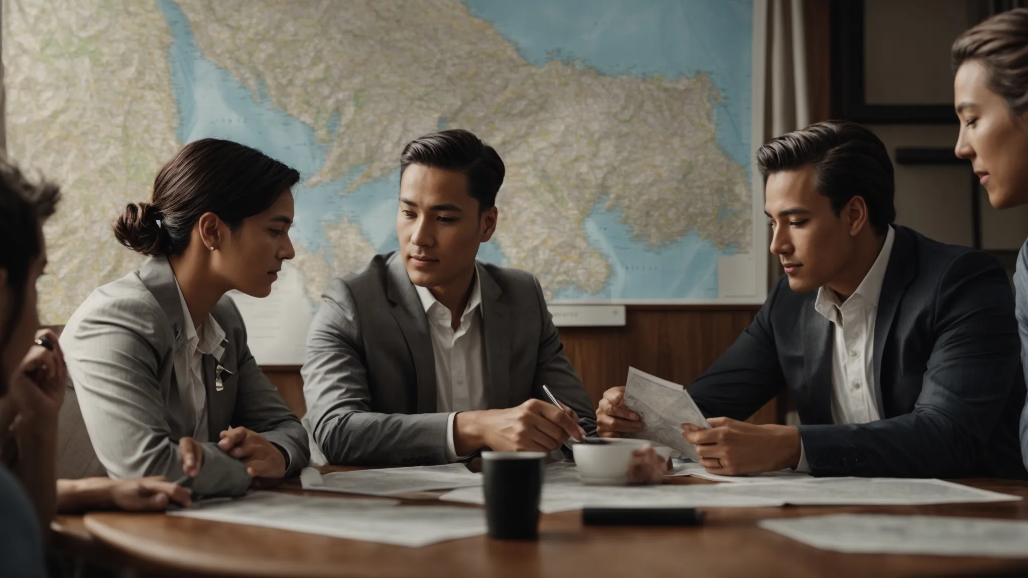 a group of confident marketers gathered around a table pointing at a map with local landmarks.