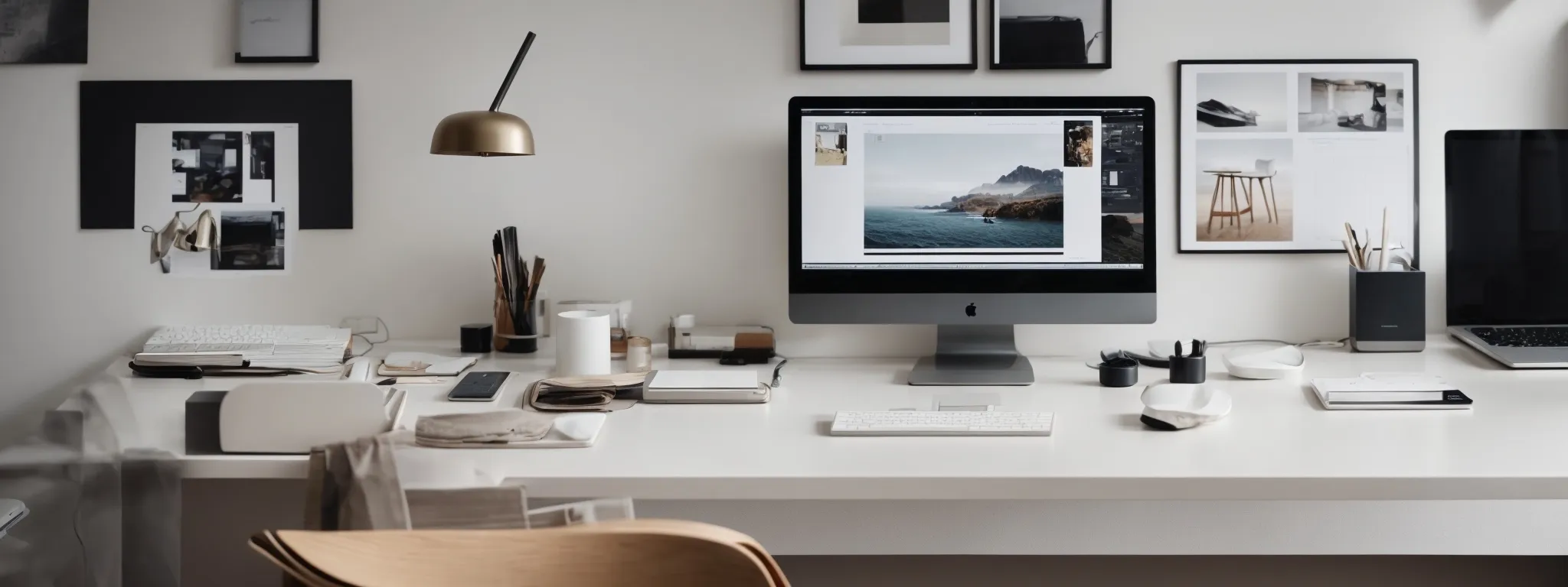 a minimalist designer workspace with a clean desk, a sleek computer monitor, and a mood board reflecting a user-centric design philosophy.
