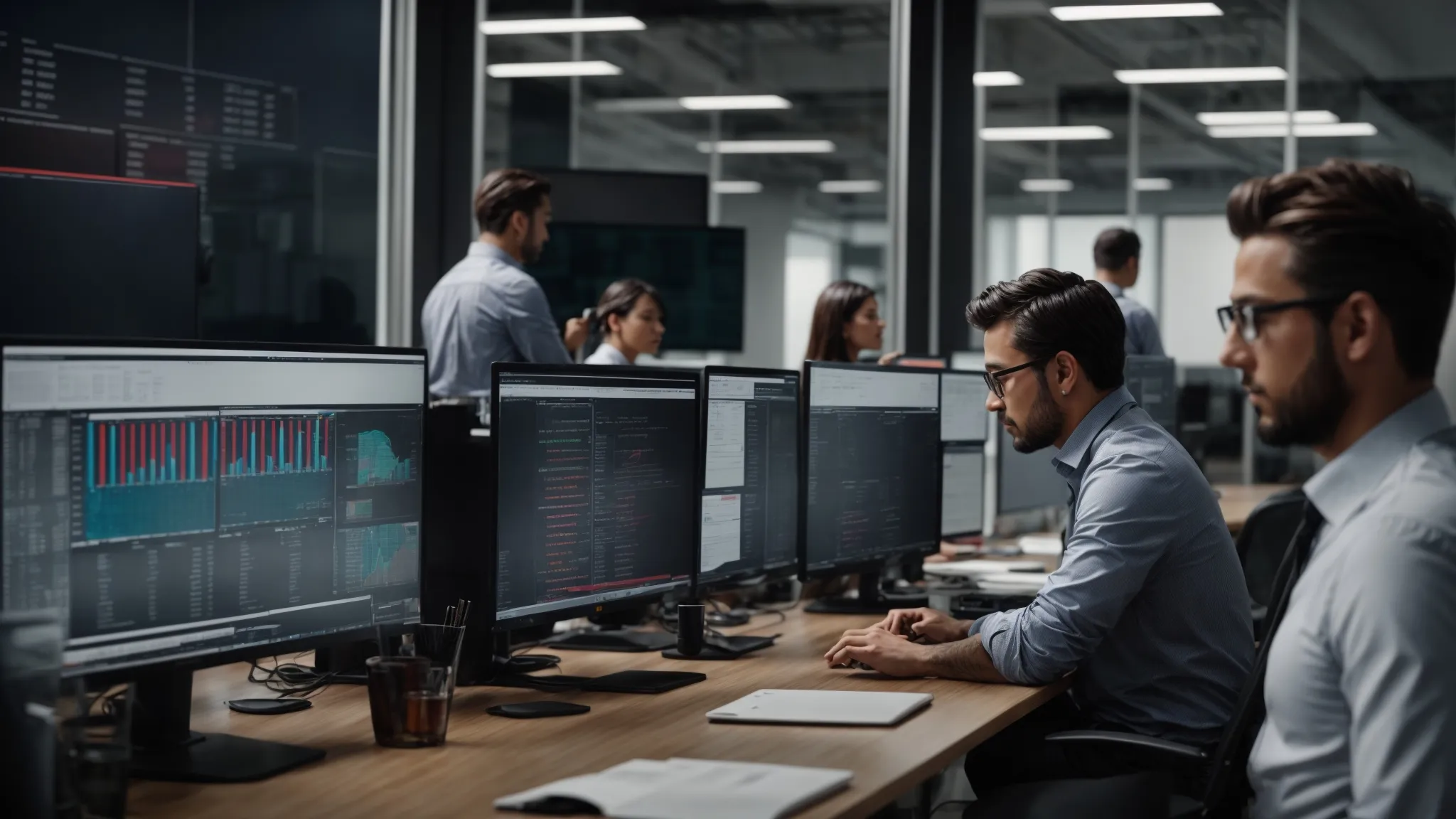 a bustling marketing team intently scrutinizes analytics dashboards on large monitors in a modern office environment.