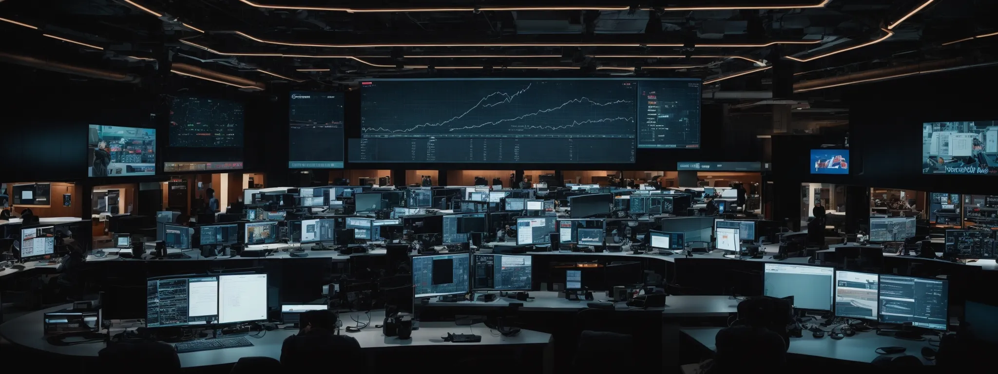 a wide-open command center with multiple large screens displaying graphs, social media feeds, and analytics dashboards.