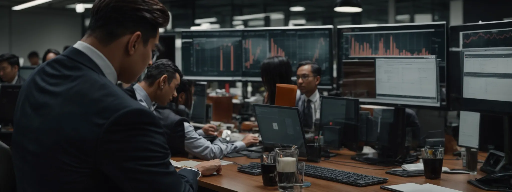 a bustling office setting where digital marketers analyze search engine results on large monitors.