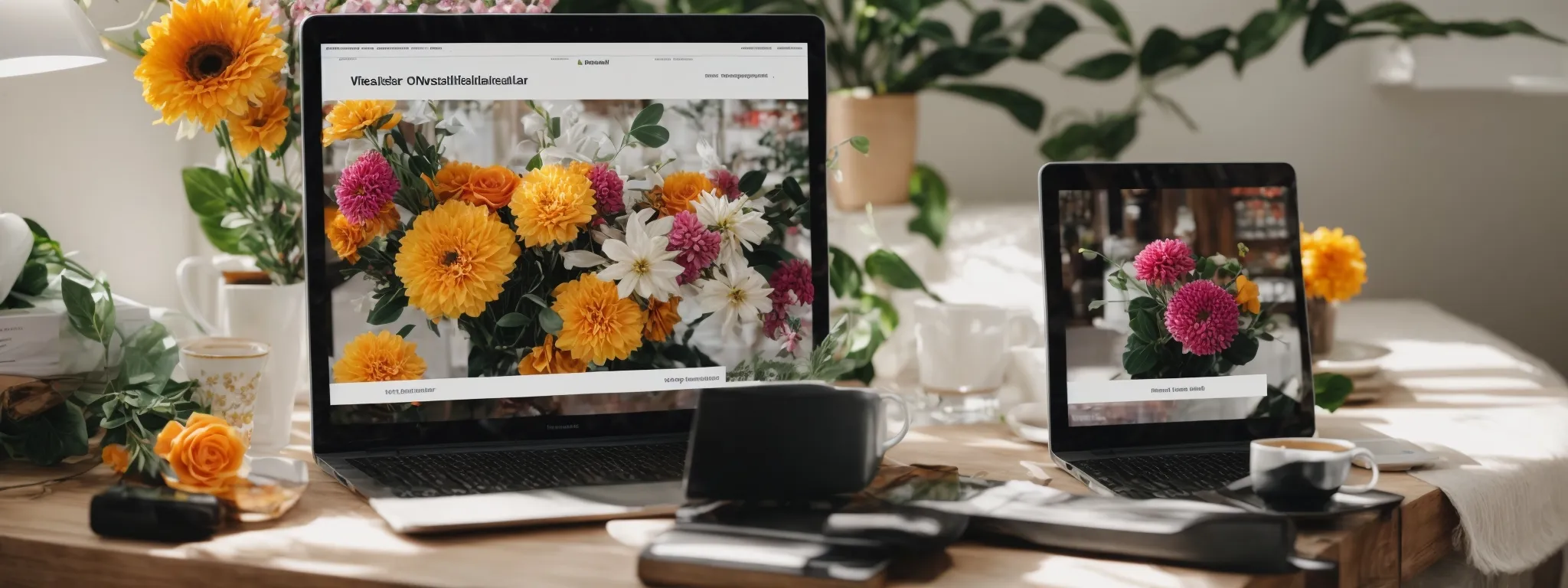 a desktop with a bouquet of flowers and an open laptop displaying a vibrant newsletter template.