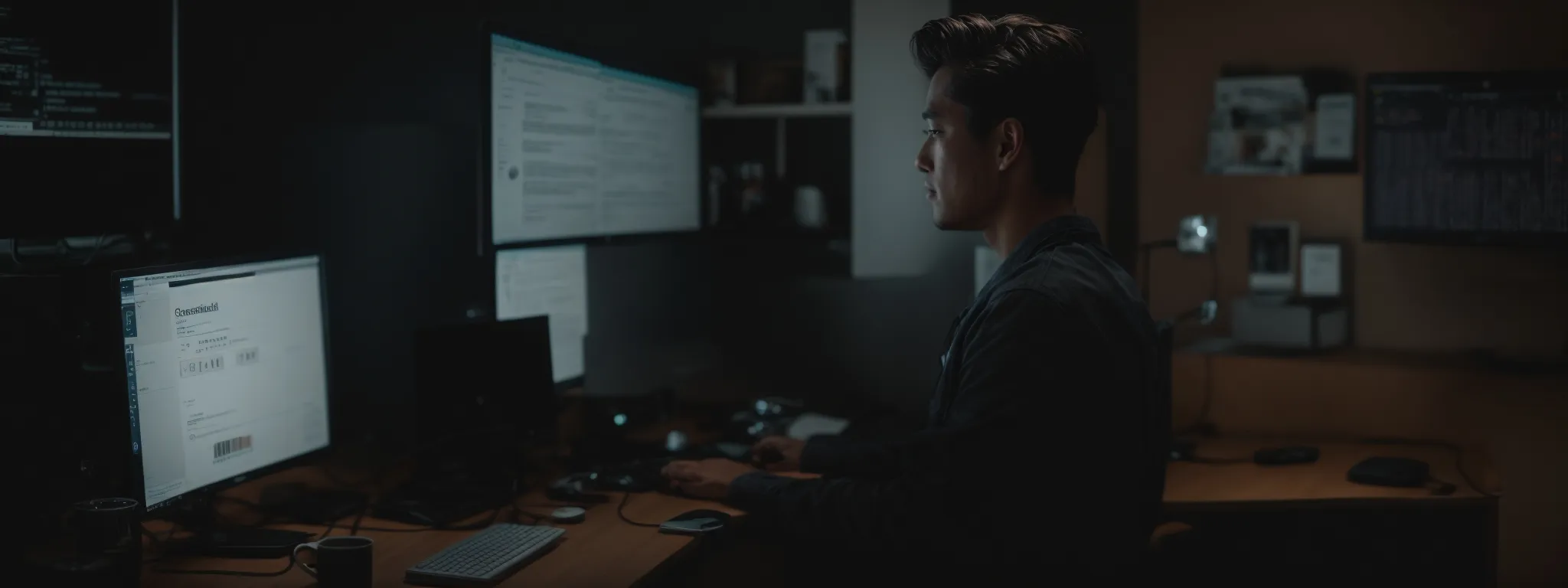 a content creator sits before a computer with seo analytics on the screen, immersed in digital marketing strategy.
