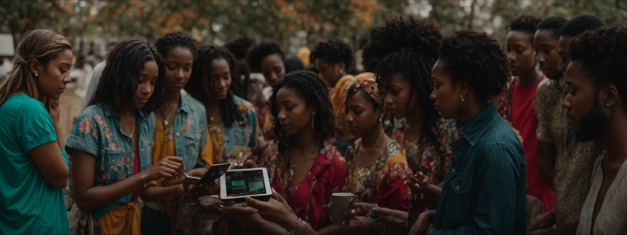 a group of diverse people gathered around a digital tablet, engaging with a colorful and vibrant pinterest interface.