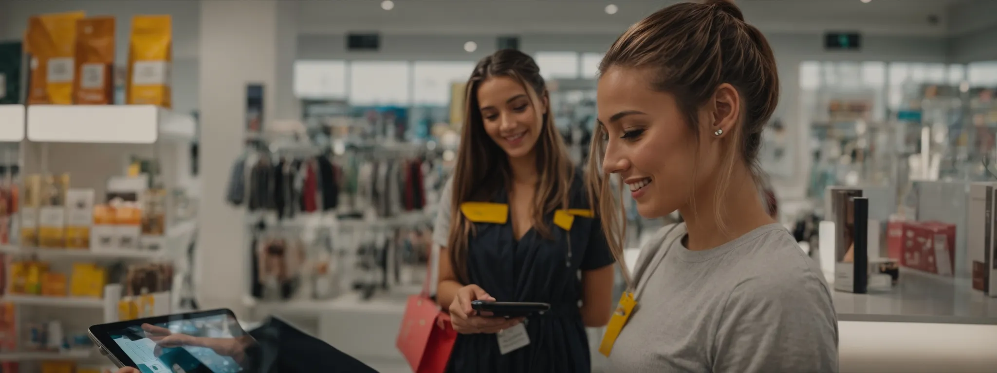 a shopping assistant on a digital tablet suggesting products to a smiling customer in a modern, bright store.