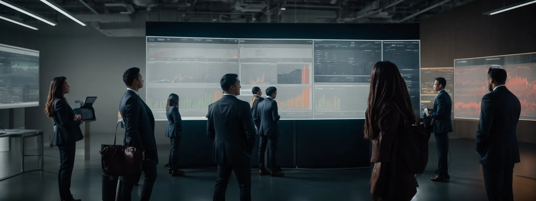 a group of marketers stand around a large dashboard display analyzing graphs and charts that represent real-time campaign performance data.