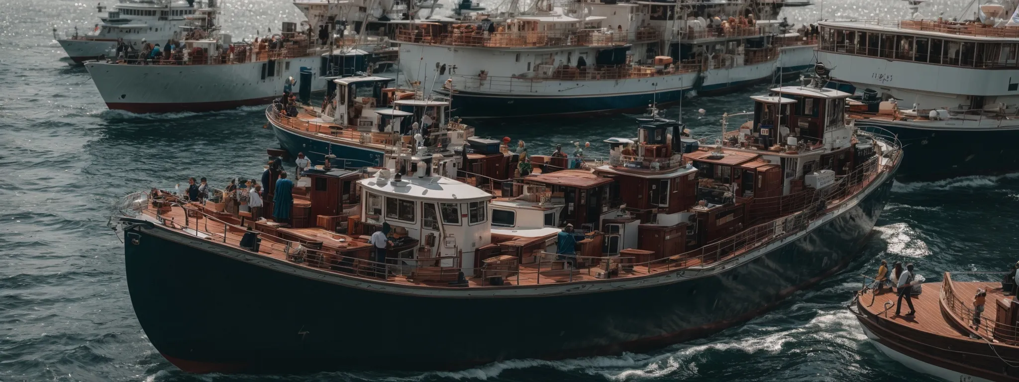 a group of small boats hitching a ride on a large ship, symbolizing small businesses leveraging a larger platform for visibility.