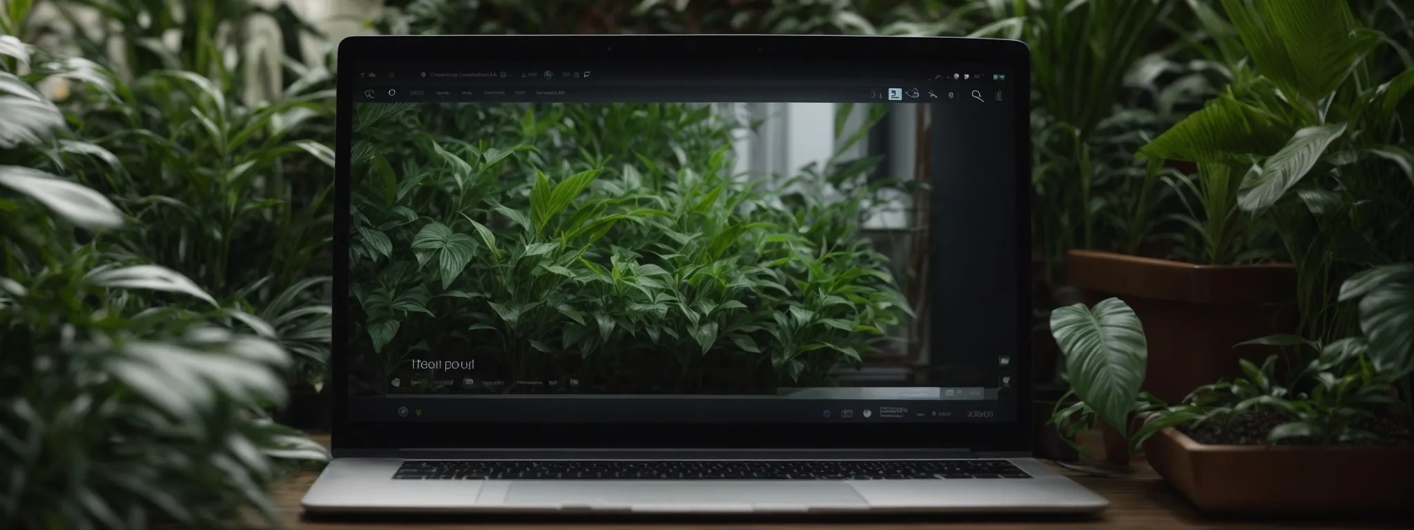 a laptop with a search engine open on the screen, surrounded by plants, indicating a focus on digital optimization.