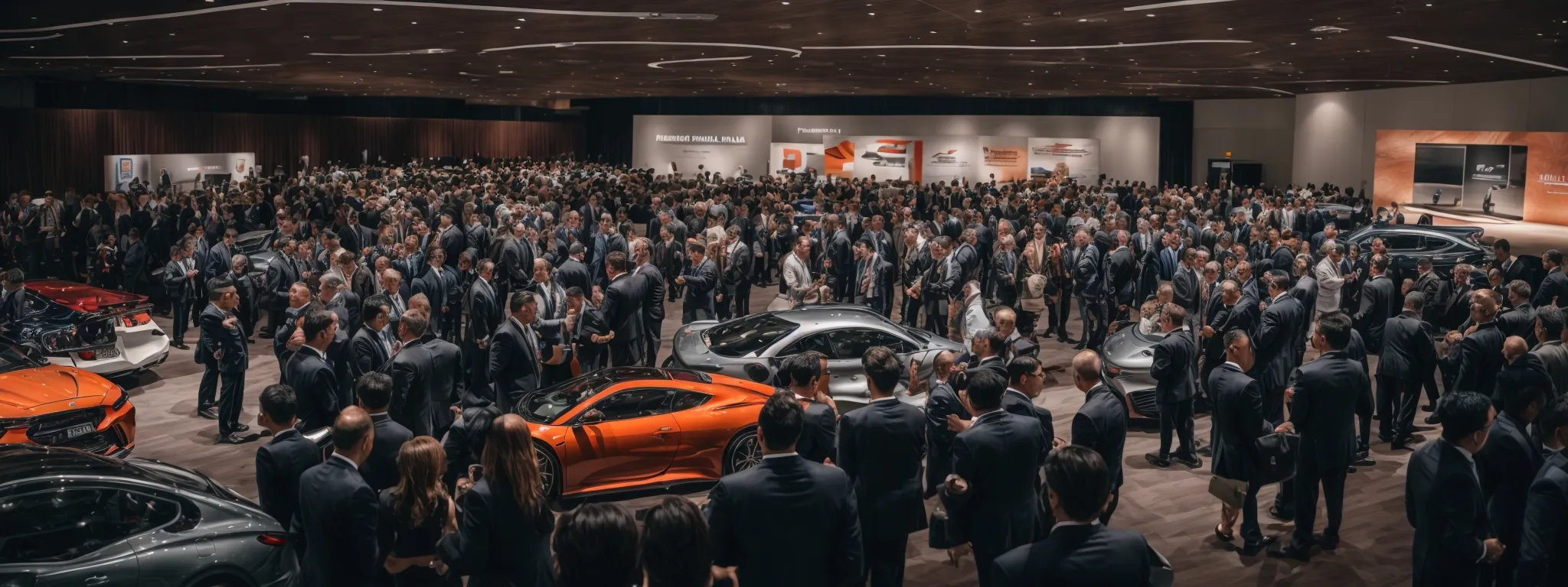 a bustling automotive conference with various industry professionals networking and sharing insights.