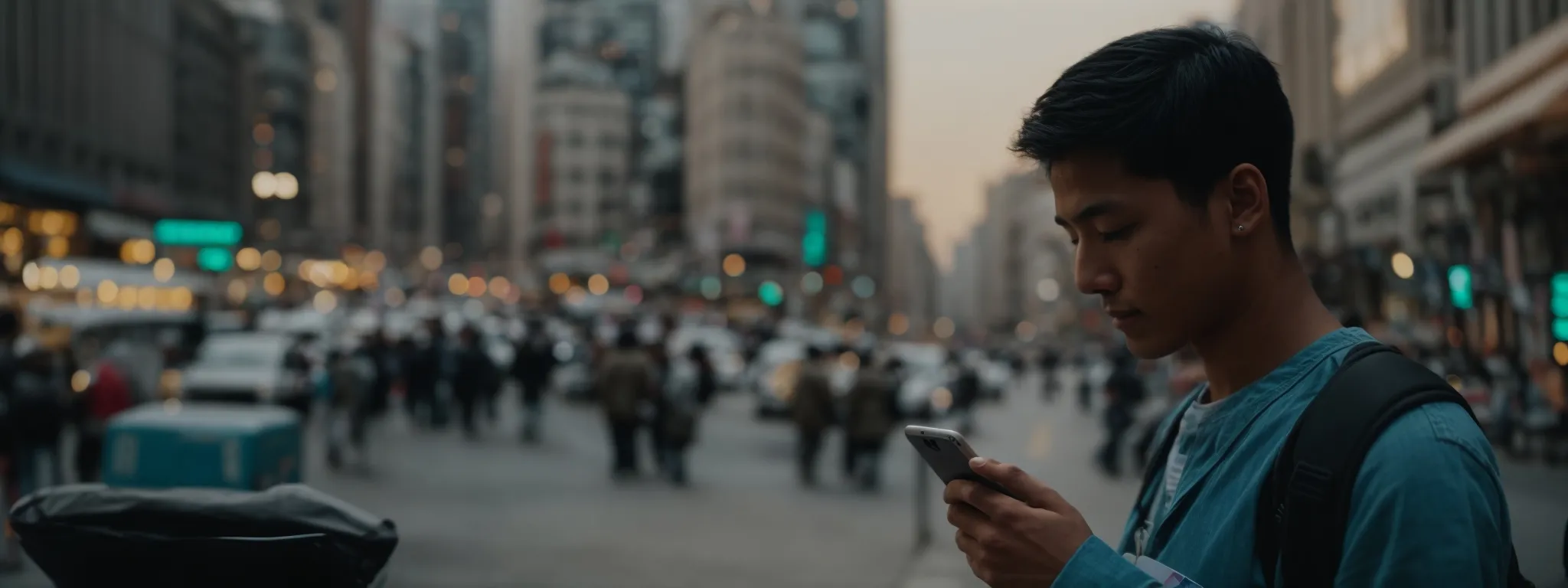 a person looking at a map on a smartphone amidst bustling city streets.