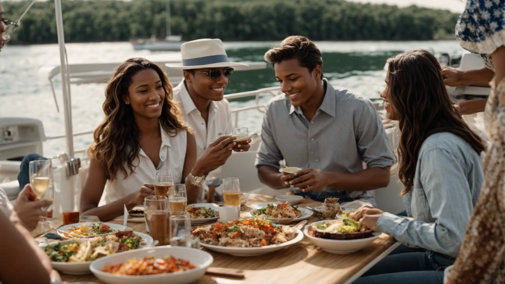 a group of people chatting aboard a docked boat, with a spread of maryland crab dishes on a nearby table.
