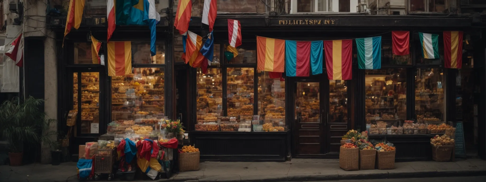 a small, vibrant shop front adorned with colorful flags in a busy street market captures the essence of a local business seeking to enhance its community footprint.