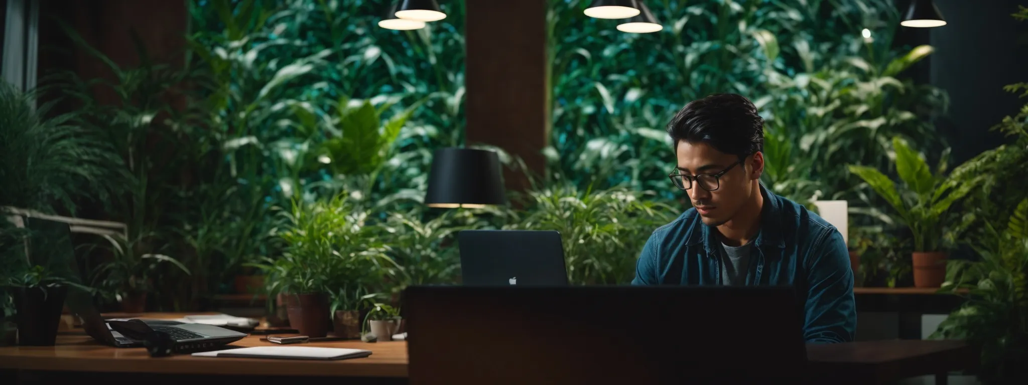 a focused individual sits at a modern workspace, intently composing a promotional email on a sleek computer amidst a backdrop of vibrant plant life, symbolizing the growth potential of email marketing.