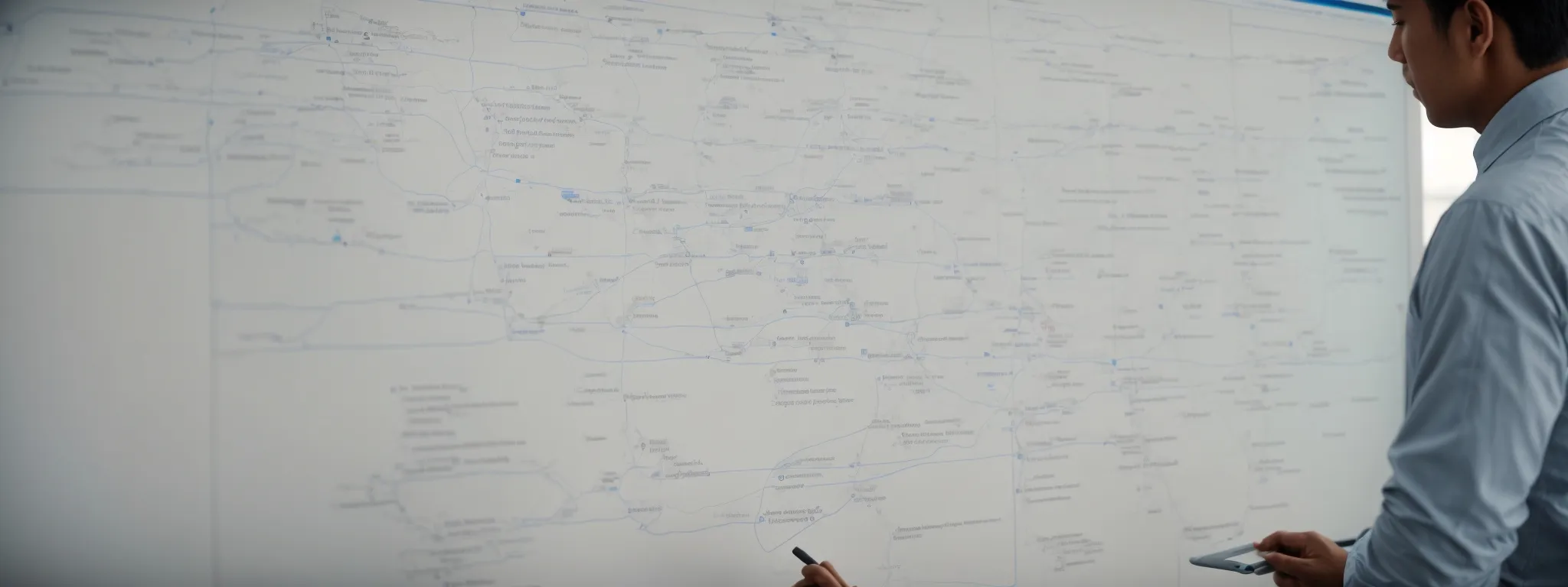 a web designer maps a streamlined website structure on a whiteboard, strategizing for optimal search engine discovery without compromising the user interface.