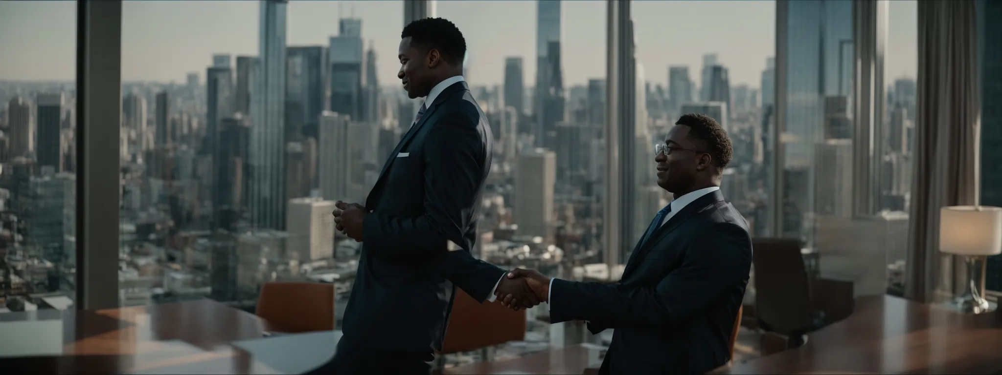 a satisfied client shaking hands with an attorney in a high-rise office with a view of the city skyline.