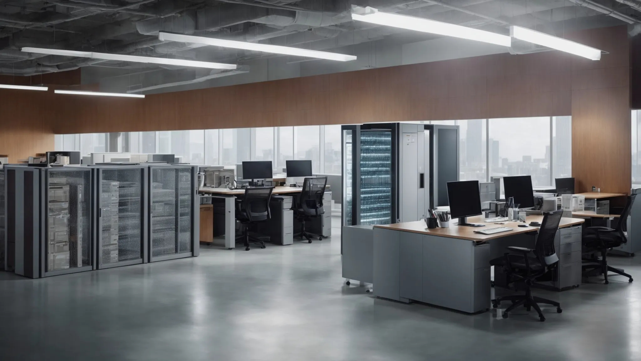 a split-screen of two office environments, with one side showing a large server room and the other displaying a clean workspace with a computer accessing cloud applications.