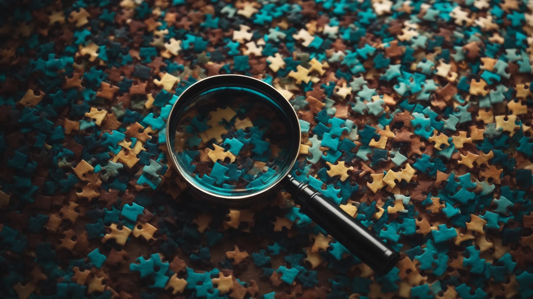a magnifying glass hovering over a puzzle of interconnected web pieces, hinting at the scrutiny needed to uncover seo deceit.