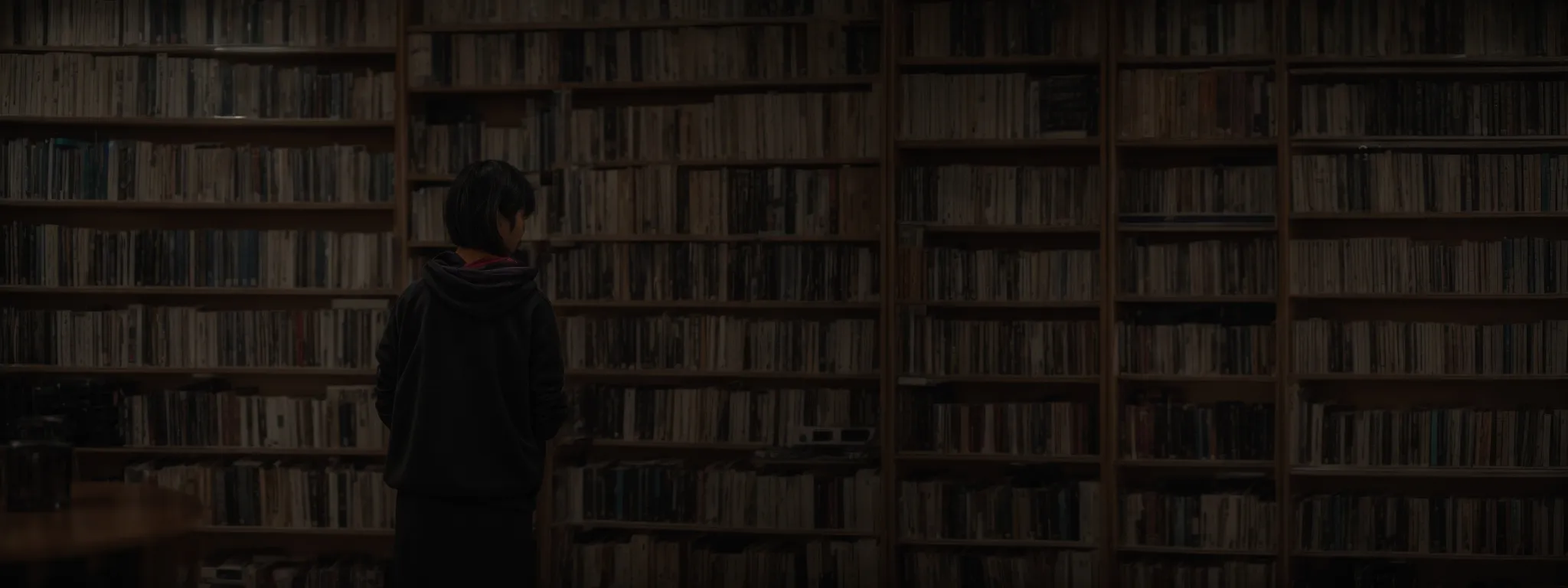 a person standing in front of a neatly organized bookshelf that categorizes topics seamlessly.