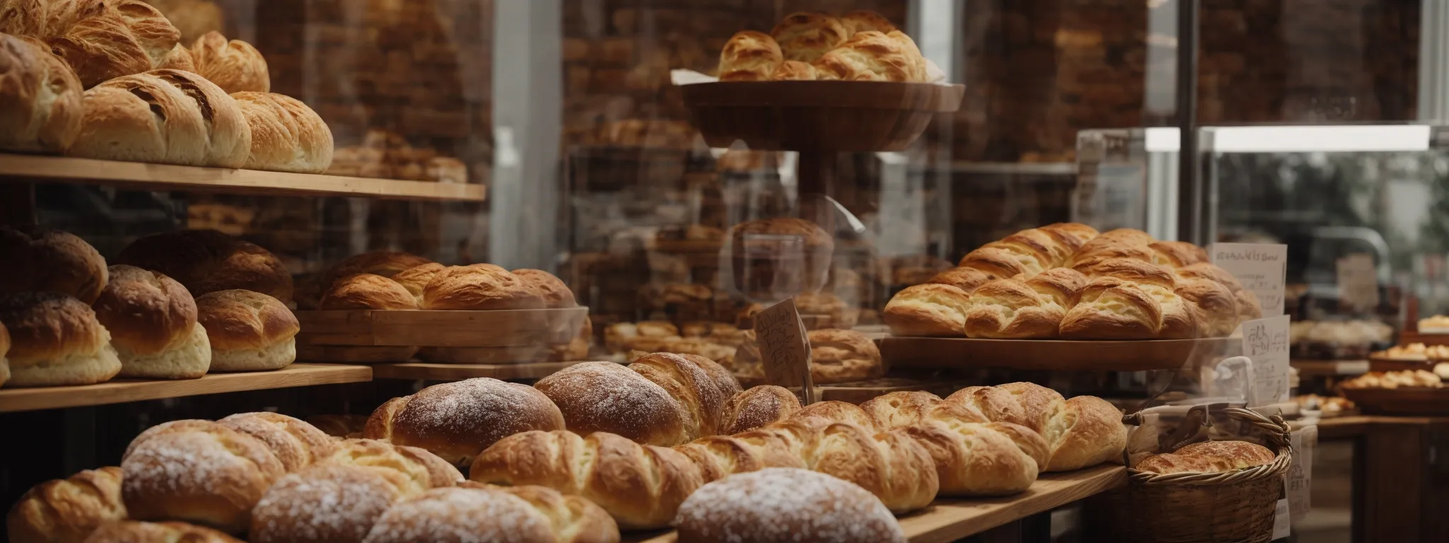 a picturesque bakery display filled with an assortment of artisan bread and pastries, inviting online exploration.