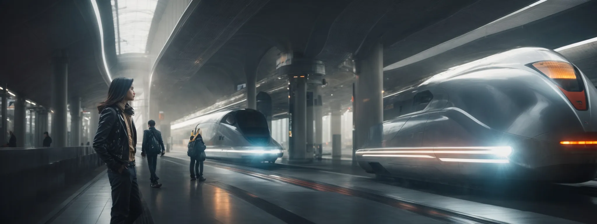a person gazing at a streamlined, high-speed train smoothly gliding through a futuristic station, symbolizing speed and efficiency.