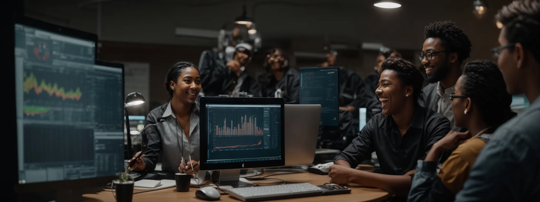 a diverse team gathers around a computer, visibly excited as they observe rising analytics charts indicative of improved seo performance.