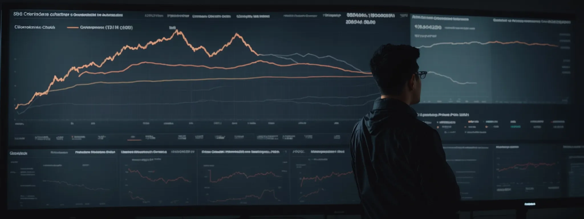 a marketer contemplates a dashboard displaying a graph of marketing channel performance with a focus on ppc and seo metrics.