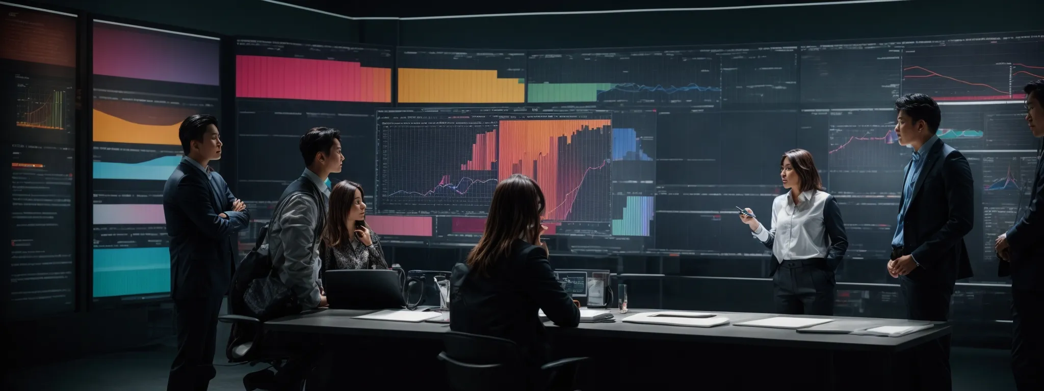 a group of professionals gathered around a large screen displaying colorful graphs and project timelines.