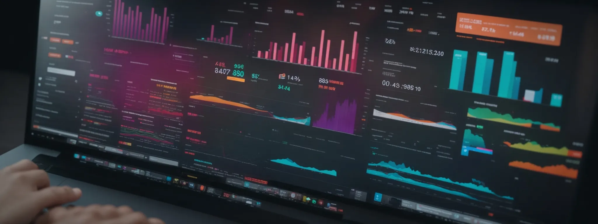 a digital marketer analyzes a colorful semrush dashboard showcasing a variety of keyword trends and metrics on a computer screen.