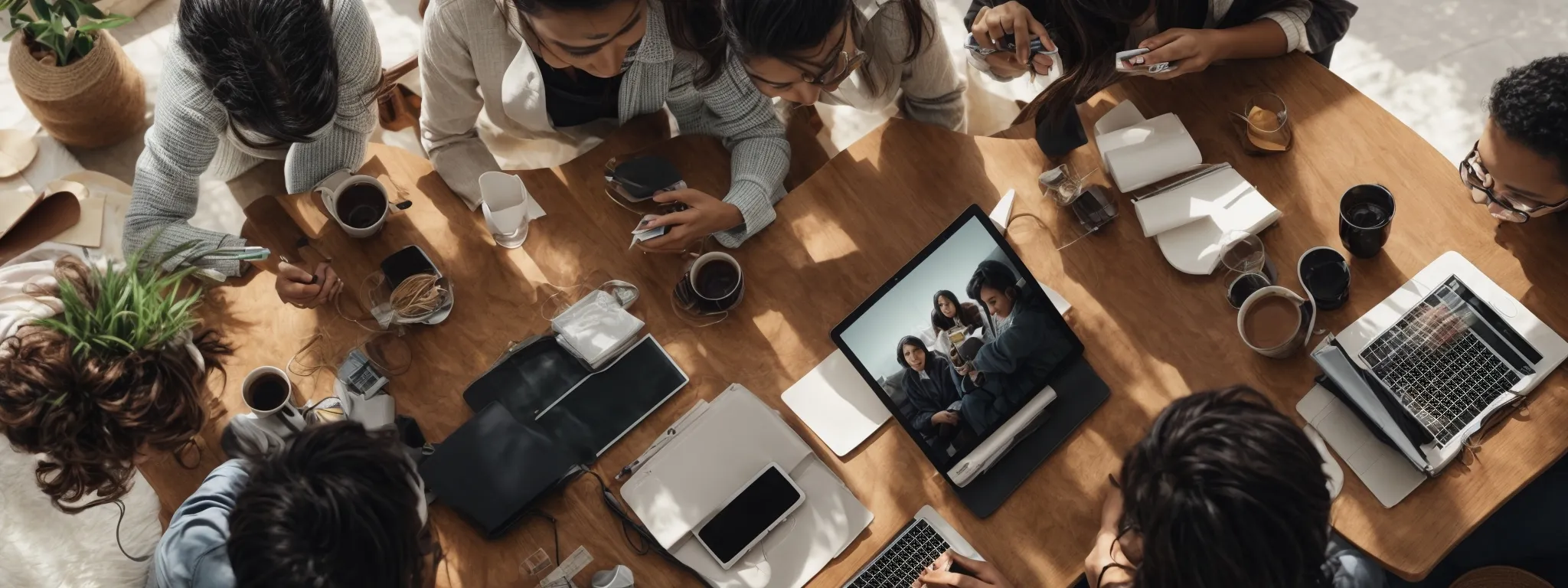 a diverse group of people gathered around a table with various digital devices, illustrating a brainstorming session for a digital marketing campaign.