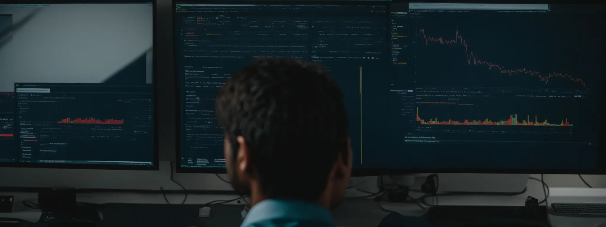 a person is analyzing complex seo analytics on a monitor with an enhanced firefox status bar visible on the screen.