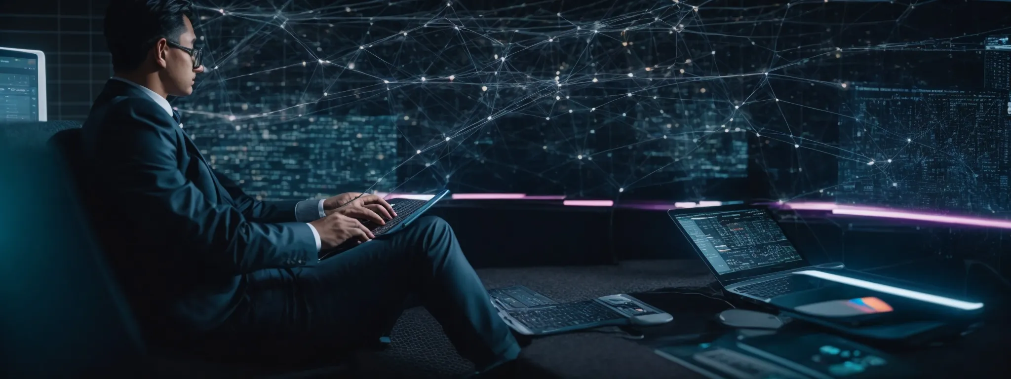 a professional hovering over a laptop with complex analytics on screen amidst a web of interconnected data points.