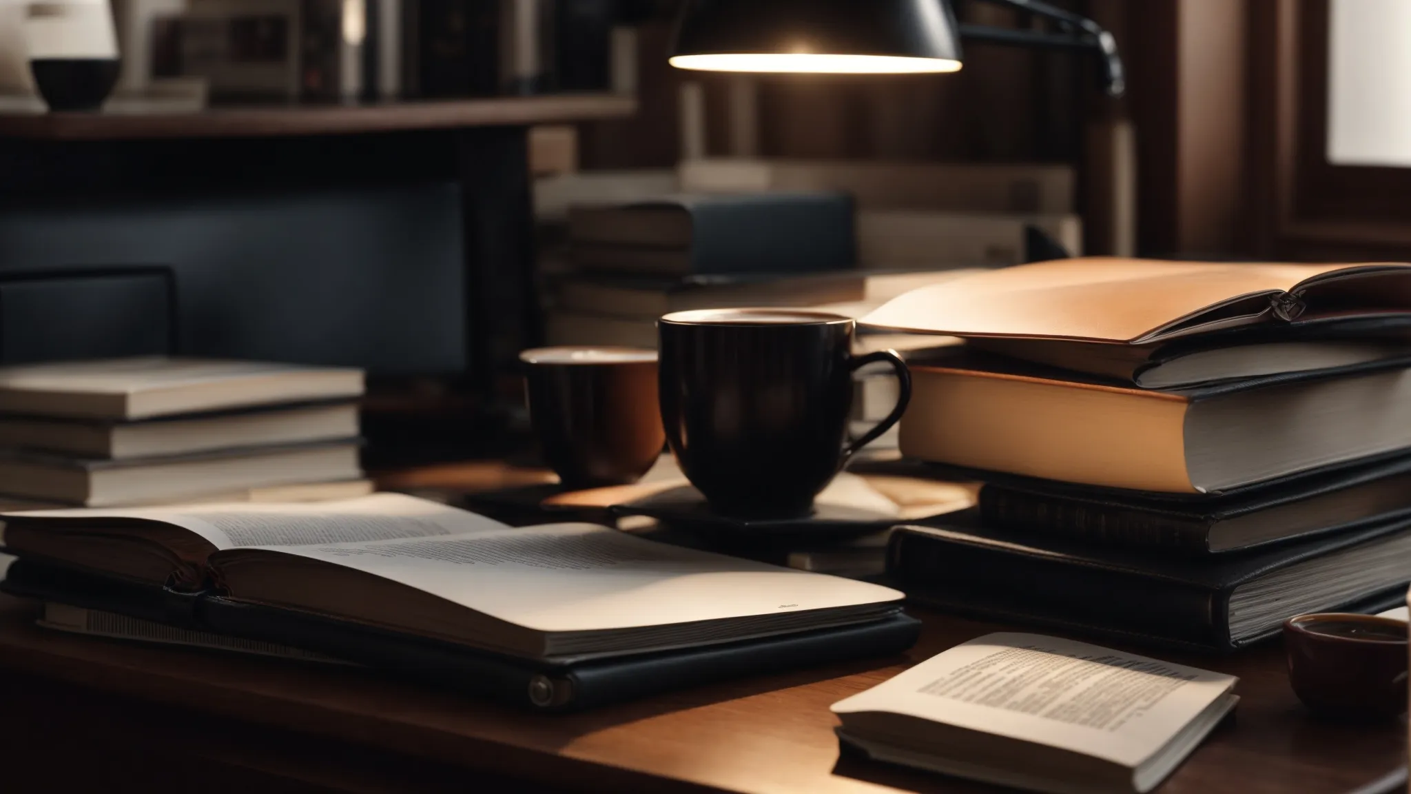 a laptop on a desk surrounded by books on copywriting and a cup of coffee.