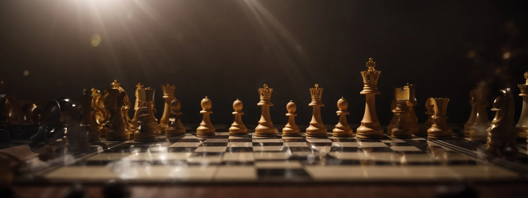 a chessboard with one piece standing amidst fallen competitors under a spotlight, symbolizing strategic triumph.