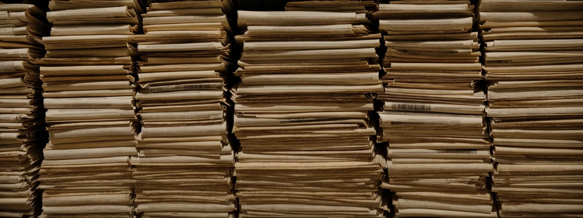 stacks of old, yellowed newspapers piled up in a corner, showcasing dated information.