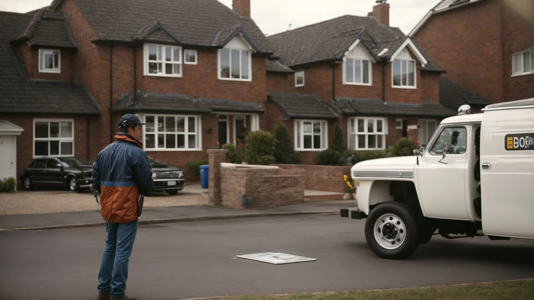 a tradesman consulting a digital tablet outside a residential home, with a service van parked nearby.