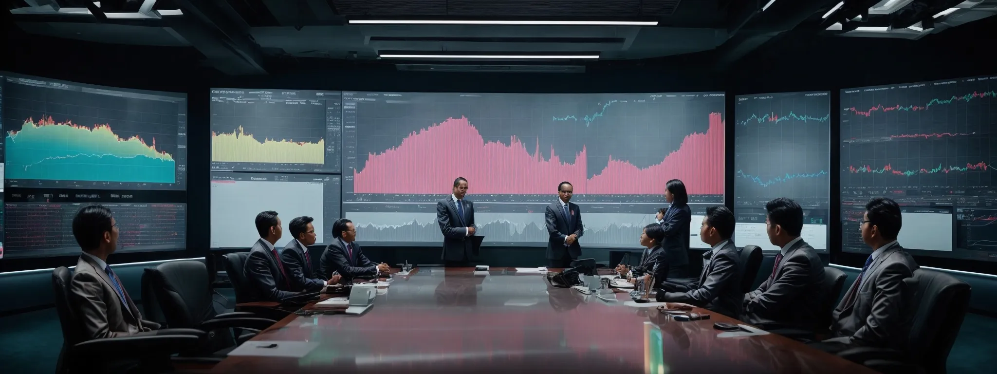 a boardroom with a large screen displaying colorful graphs and charts, with business professionals attentively examining the financial data.