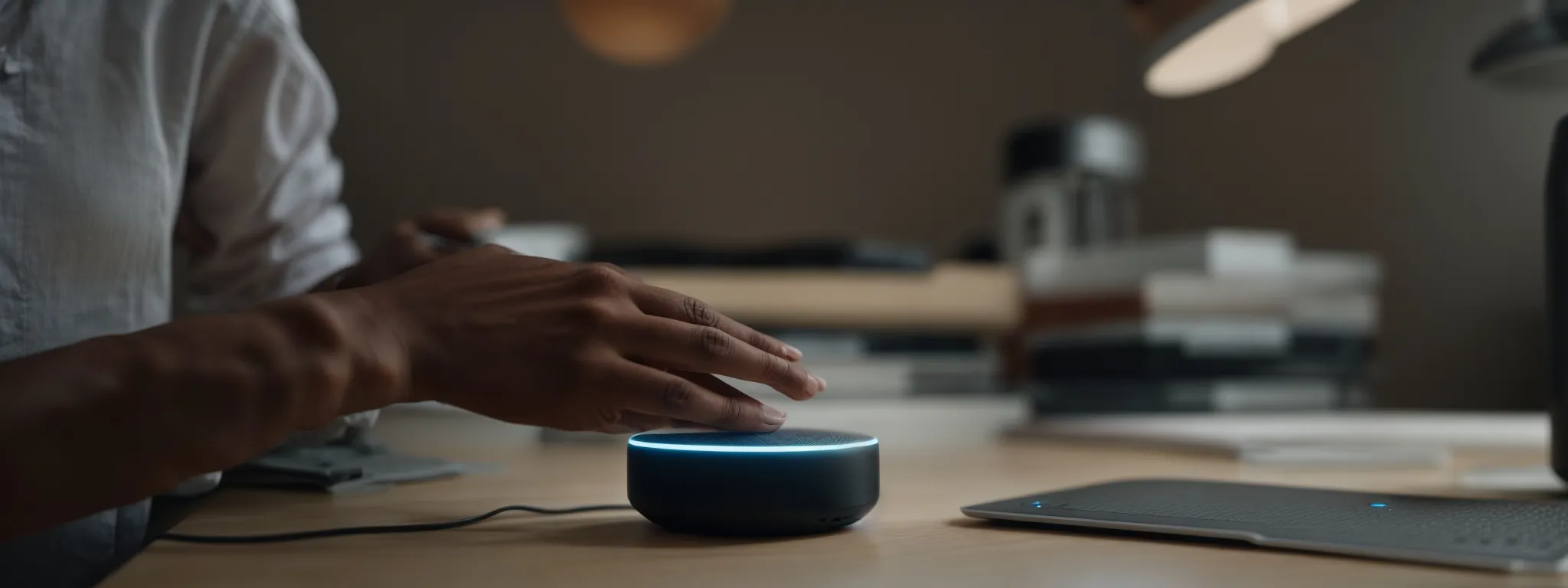 a person speaking into a smart speaker on a clean desk, highlighting voice search.