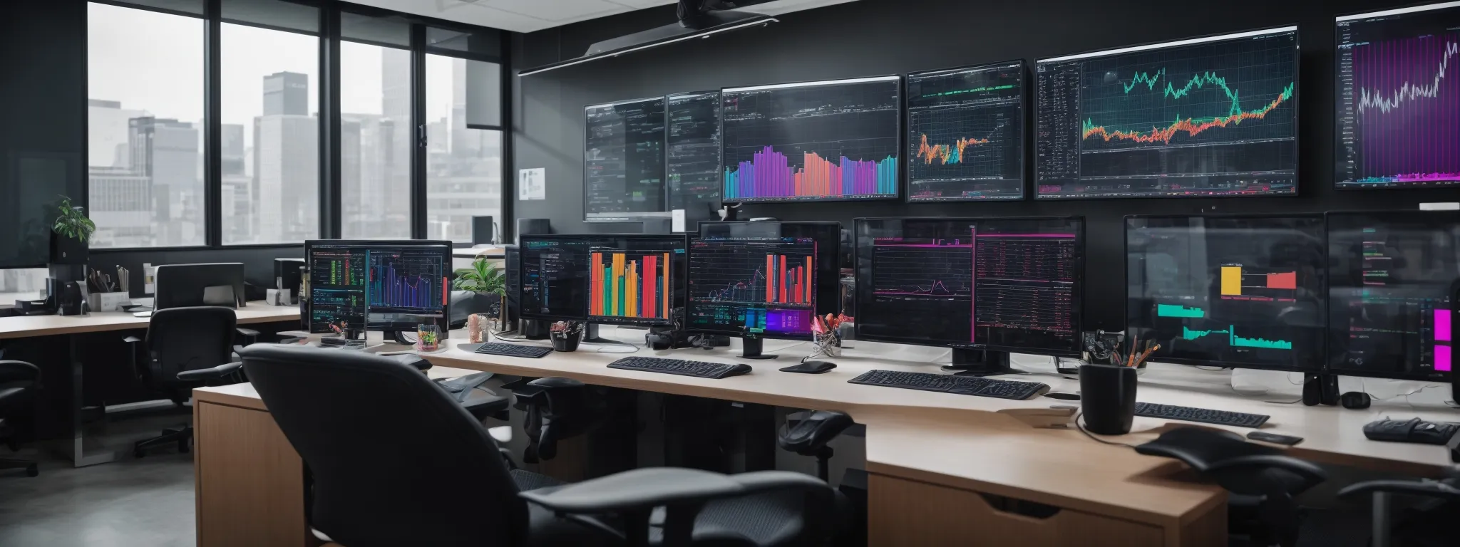 a modern office space filled with contemporary monitors displaying colorful graphs and analytics, with a clear focus on digital marketing strategies.