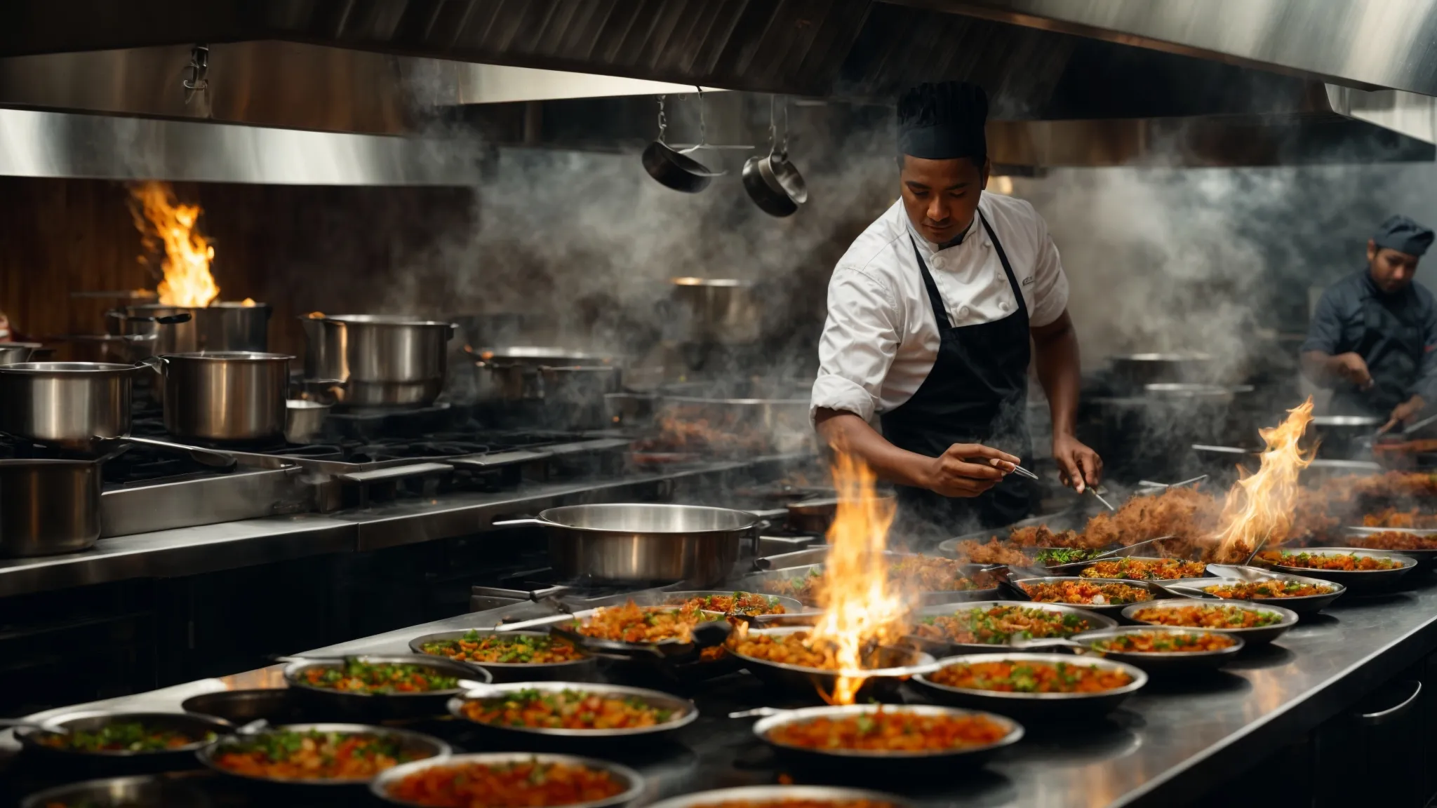 a bustling restaurant kitchen with an open flame on the stove and a chef plating a colorful, gourmet dish.