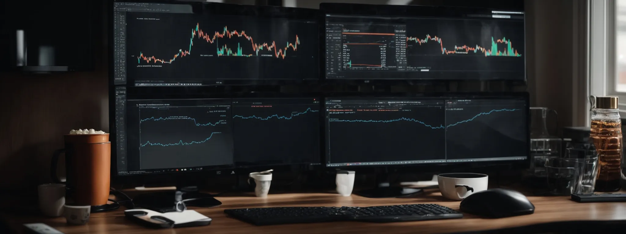 a desktop with dual computer monitors displaying graphs and website analytics, alongside a coffee mug and a notebook.