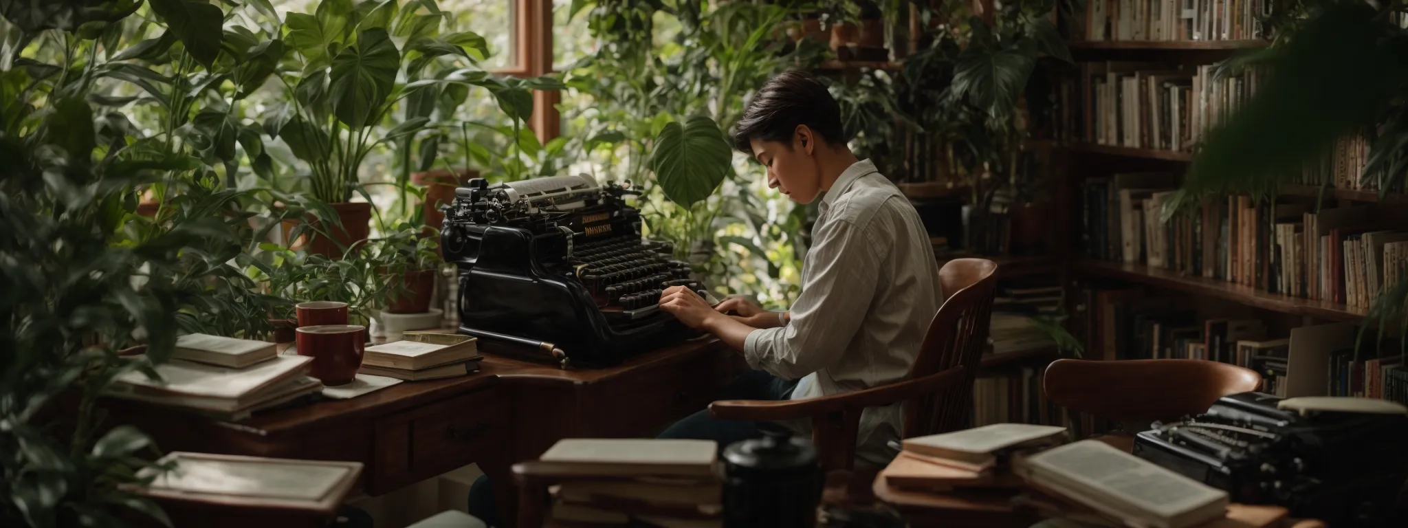 a writer in a cozy study filled with books types intently on a vintage typewriter, surrounded by lush plants and soft lighting that creates an inviting atmosphere for content creation.
